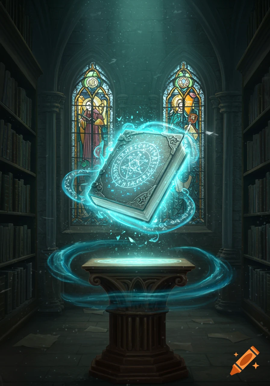 A glowing, magical spellbook floats above a pedestal in a dark, gothic library with stained glass windows.