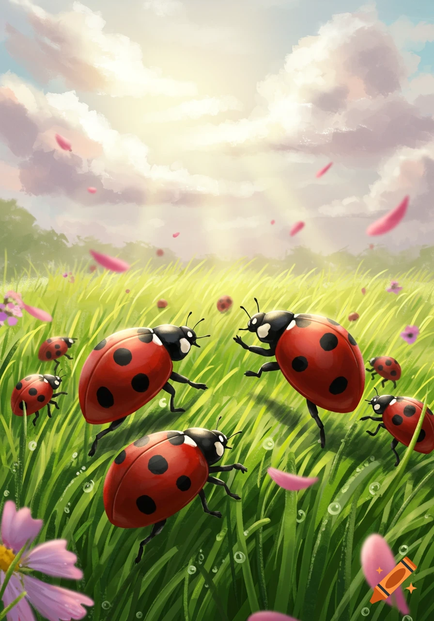 Vibrant illustration of red ladybugs interacting in a sunny green field with pink petals and flowers.
