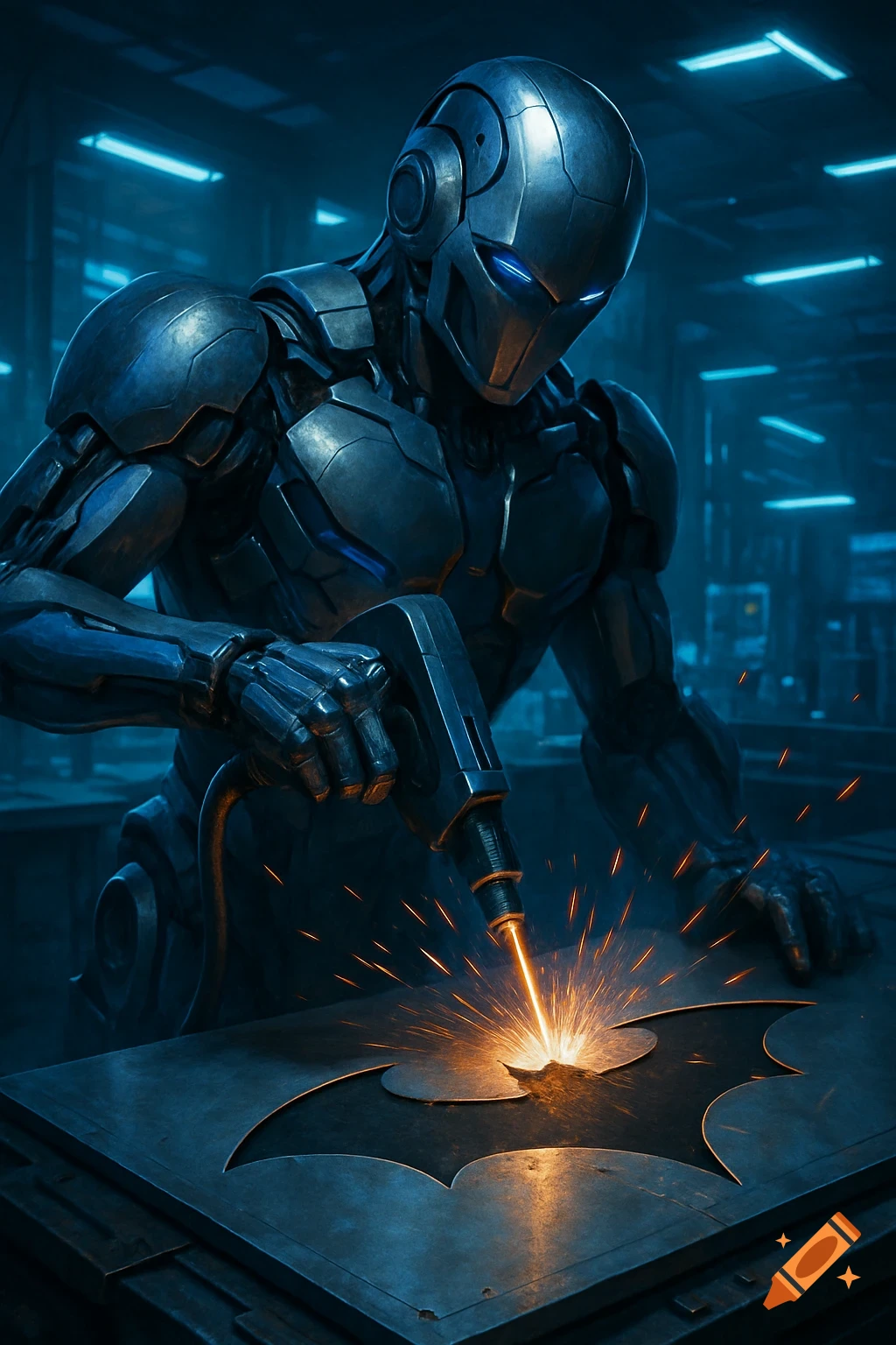A photorealistic robot welds a Batman logo on a metal plate in a dark, blue-lit industrial workshop, sparks flying.