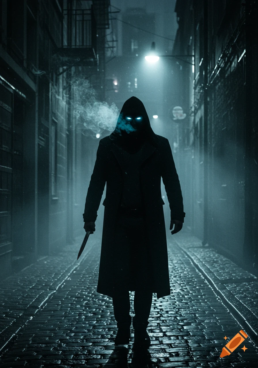 A hooded figure with glowing blue eyes stands in a dark, wet cobblestone alley at night, holding a dagger.