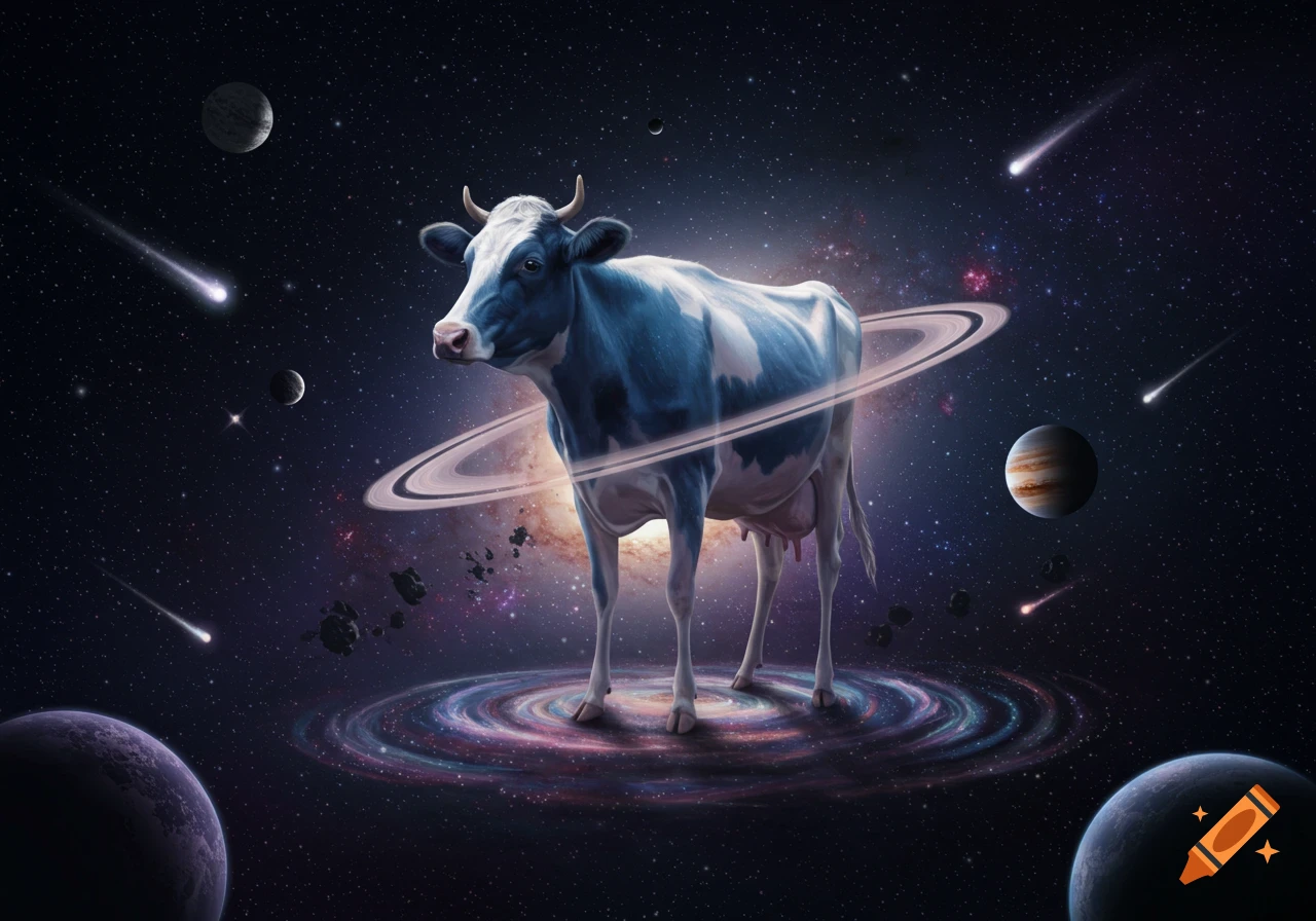 A cow with Saturn-like rings around its body floats in outer space above a swirling galaxy, surrounded by planets and shooting stars.