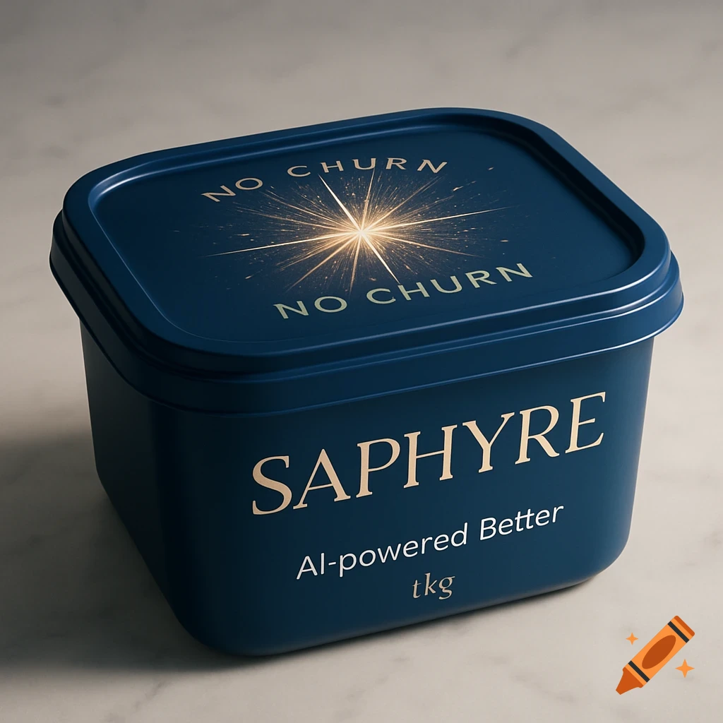 A dark blue rectangular tub with a lid, branded 'SAPHYRE AI-powered Better' and 'NO CHURN' with a starburst, on a marble surface.