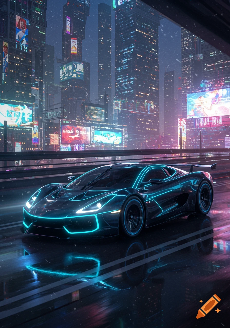A dark supercar with glowing blue neon outlines drives on a wet road in a futuristic city at night.