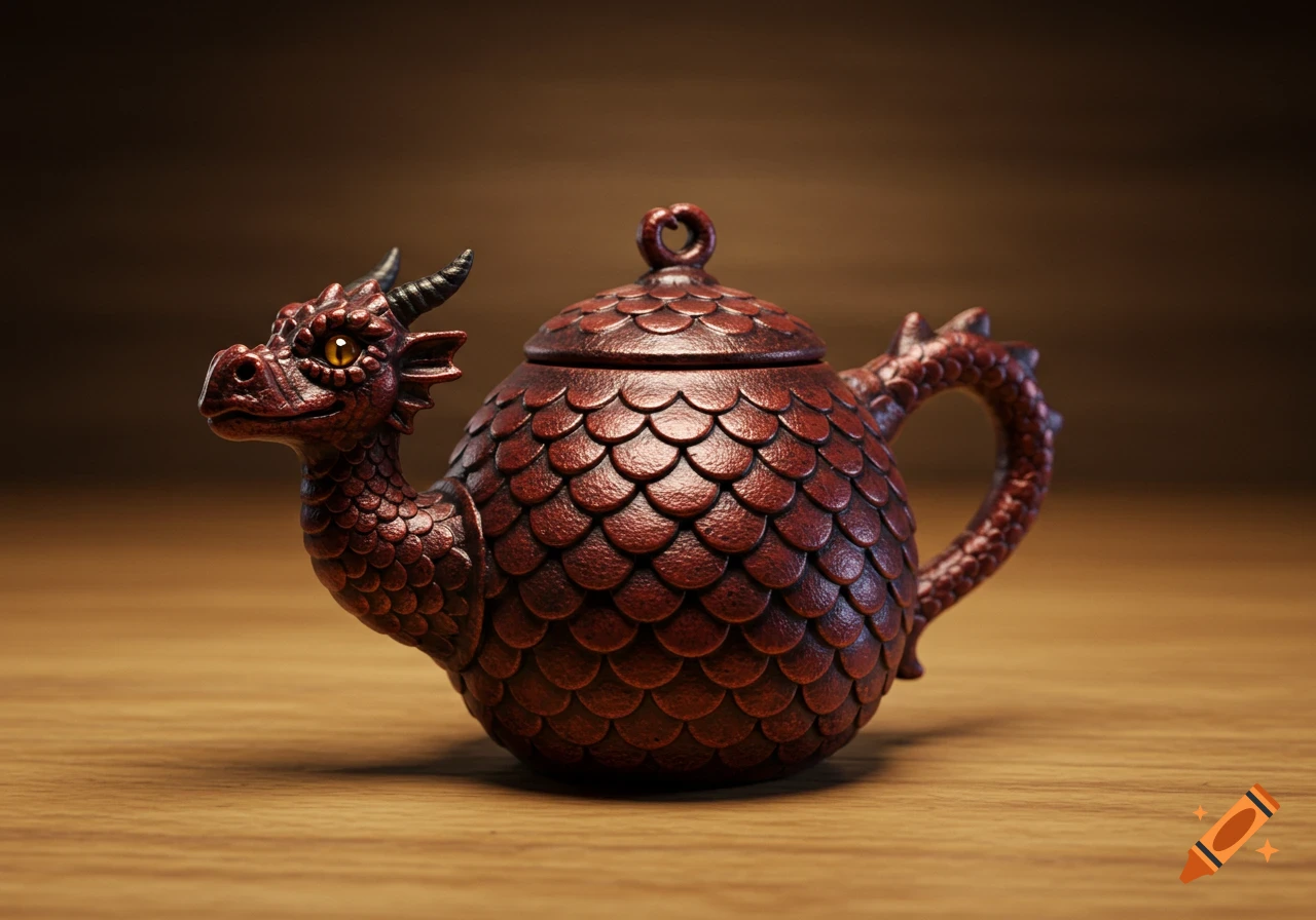 A detailed reddish-brown dragon-shaped teapot with textured scales and a large handle, sitting on a wooden surface.