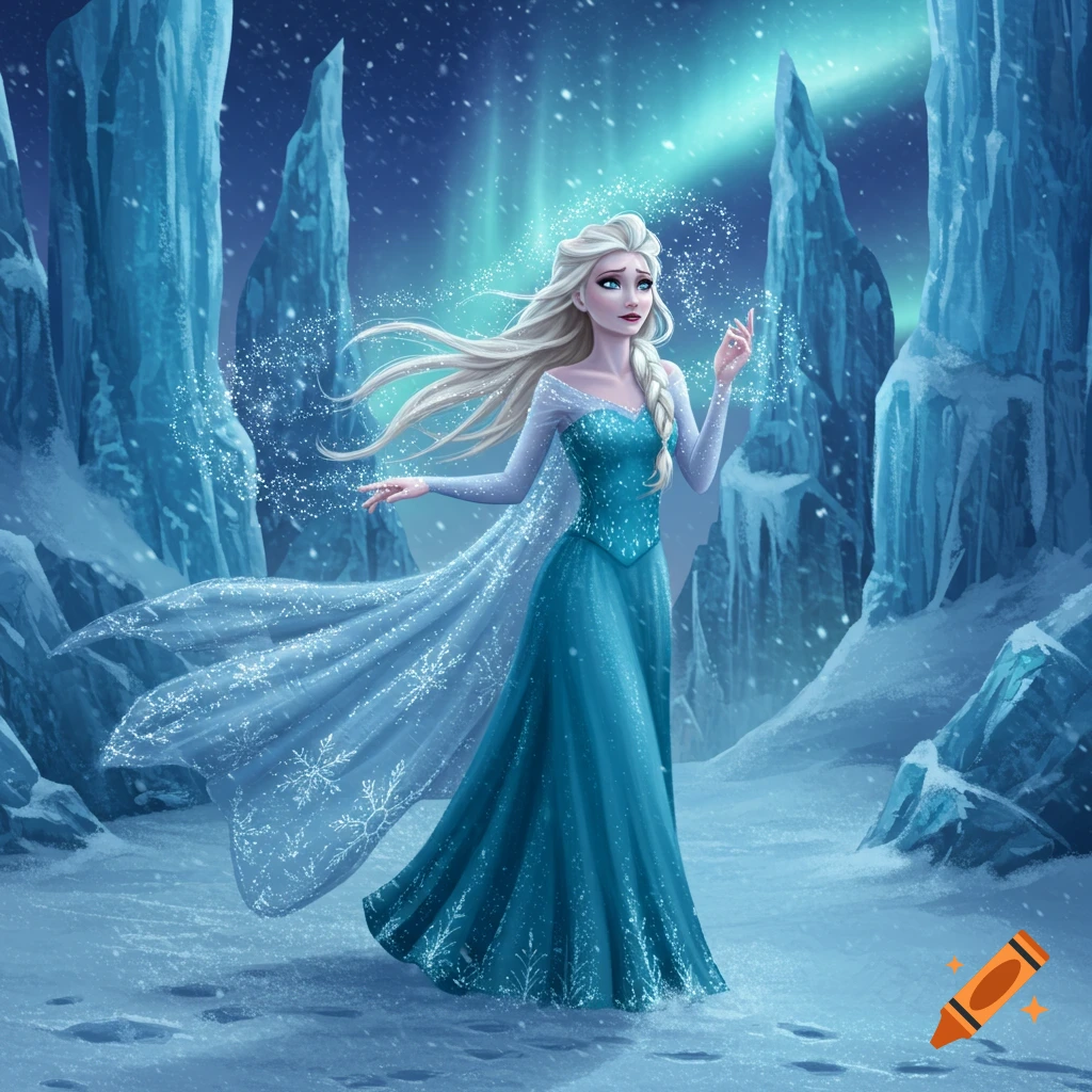 An illustration of a blonde woman in a blue gown with an ice cape standing in a snowy landscape with ice formations and aurora borealis. She is casting ice magic.