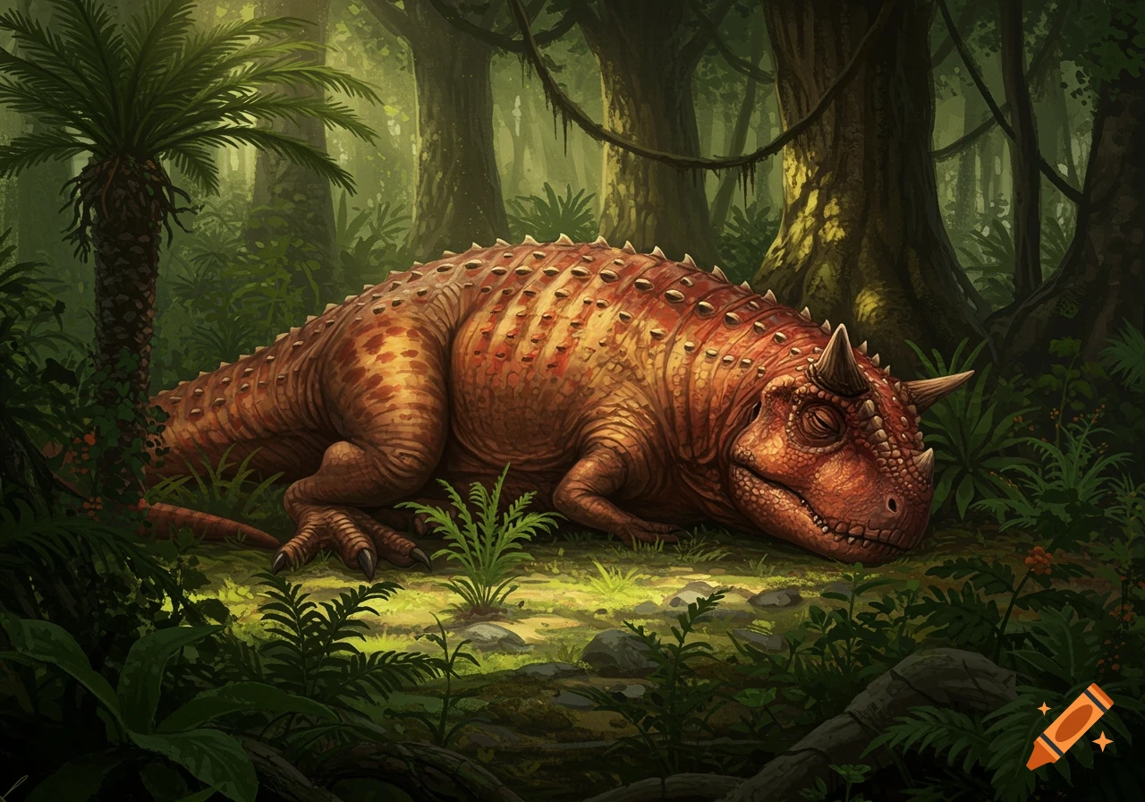 A reddish-brown Carnotaurus dinosaur sleeps peacefully in a lush, sun-dappled jungle.