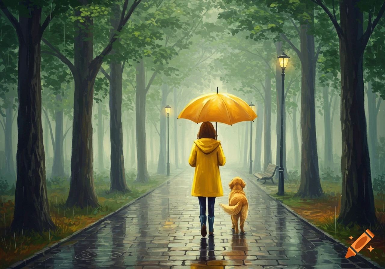 A person in a yellow raincoat with a yellow umbrella walks a golden retriever on a wet path through a misty forest in a painterly style.