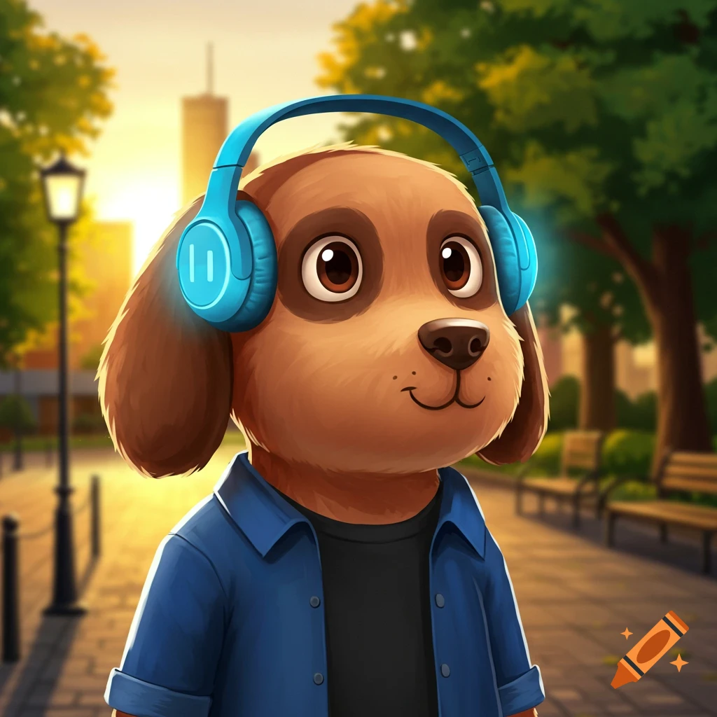 A cute brown cartoon dog with big eyes wearing blue headphones and a blue shirt, walking in a park at sunset.