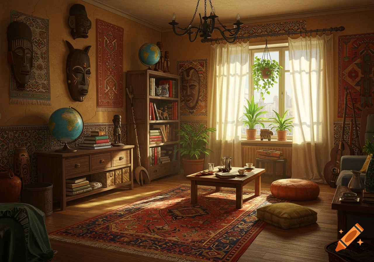 A warm, sunlit room decorated with globes, tribal masks, patterned rugs, bookshelves, and plants, creating a world-traveler aesthetic.