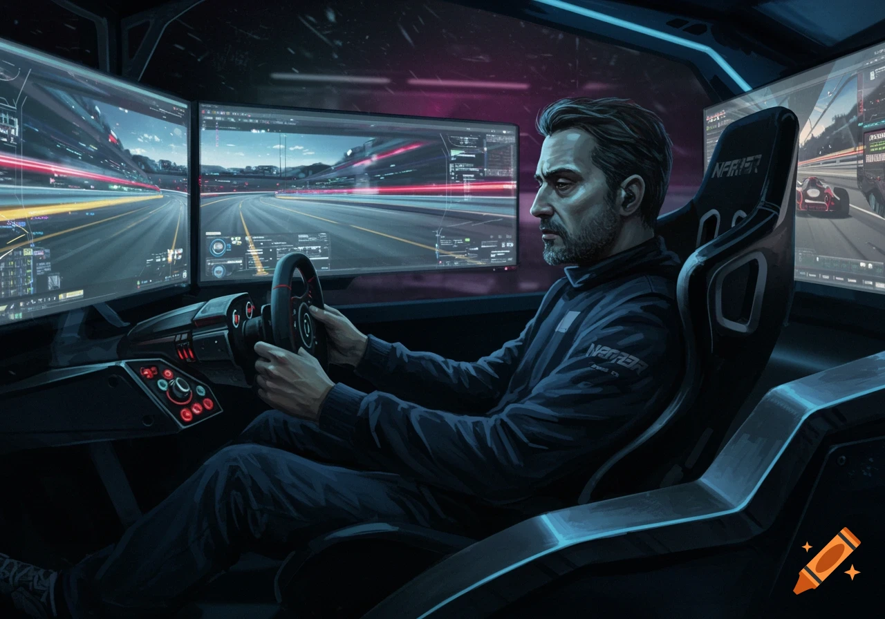 A man with a beard sits in a dark, futuristic racing simulator setup with multiple large screens displaying a race track. Photorealistic style.