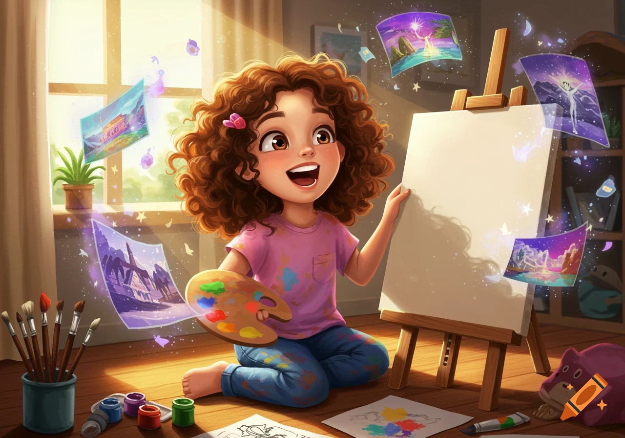 A happy, curly-haired cartoon girl on a sunlit floor, holding a paint palette, looks at her easel as magical art ideas float around.