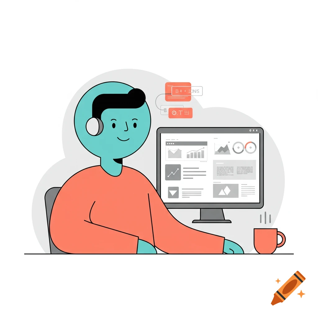A happy, relaxed stylized person with headphones sitting at a computer, looking at charts and data, in a flat design illustration.
