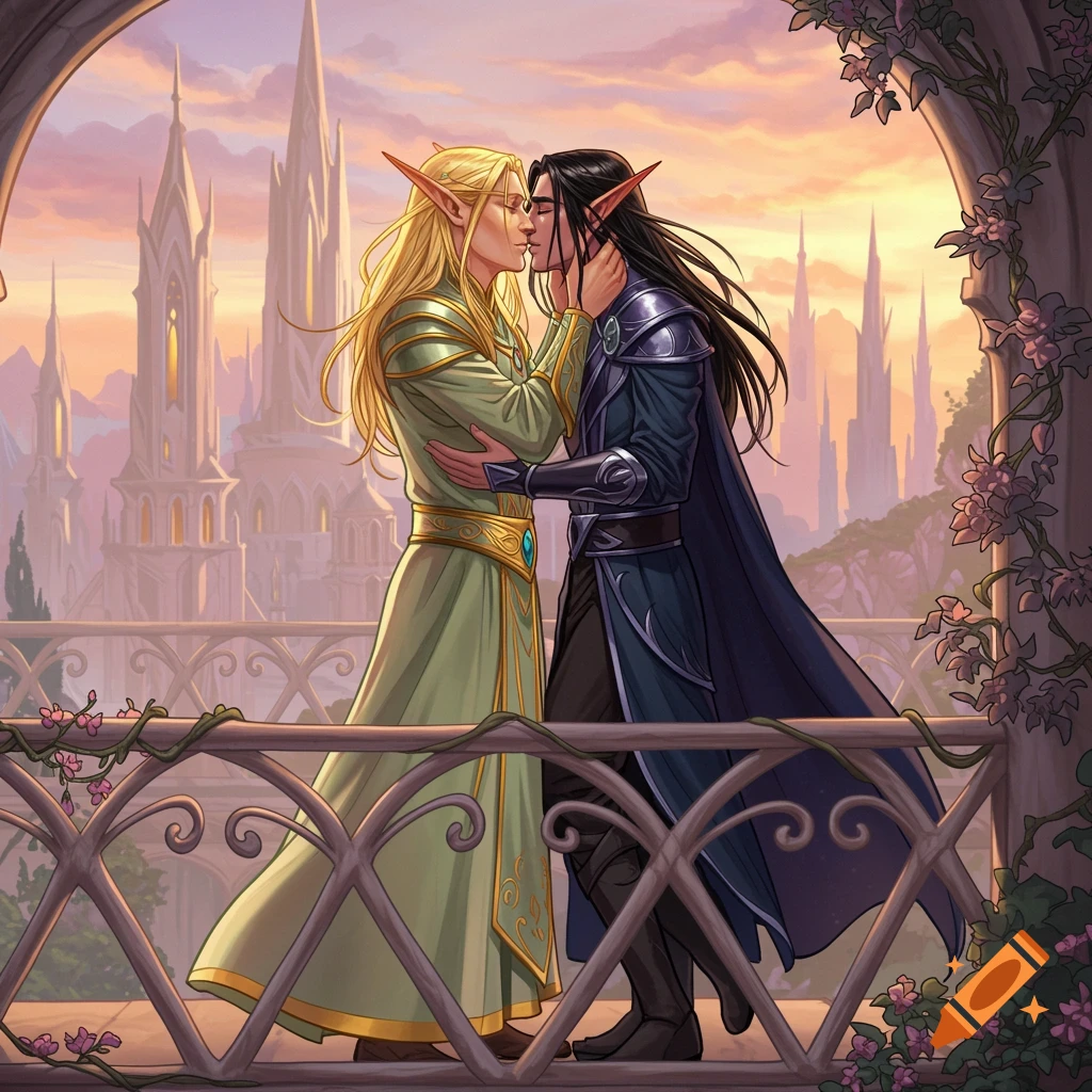 Two elf men kiss on a balcony overlooking an ethereal elven city at sunrise in an Art Nouveau style.