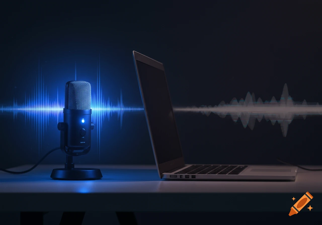 A photorealistic black USB condenser microphone with a blue light next to a silver laptop on a desk, with blue sound waves.