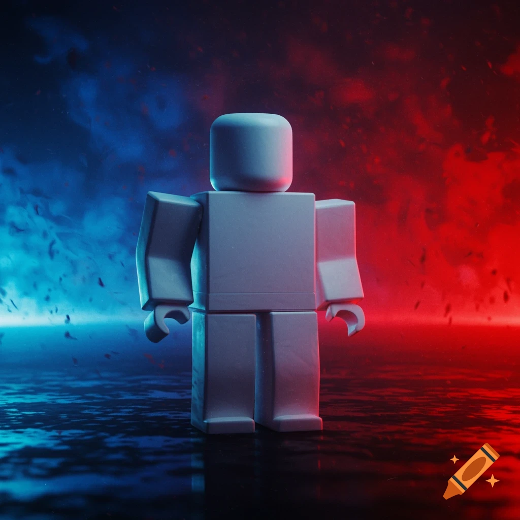 A grey, blocky Roblox avatar stands against a split red and blue smoky background with a reflective floor.