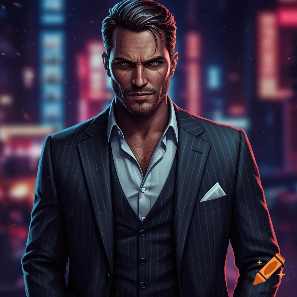 Close-up portrait of a stern man with a beard and slick hair in a pinstripe suit against a blurry neon city background.