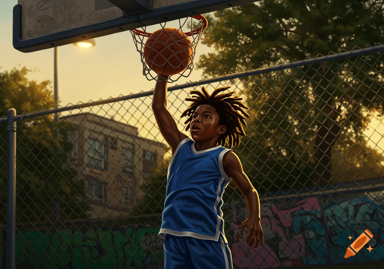 A young Black boy with dreadlocks dunks a basketball on an outdoor court at sunset, with a chain-link fence and graffiti in the background.