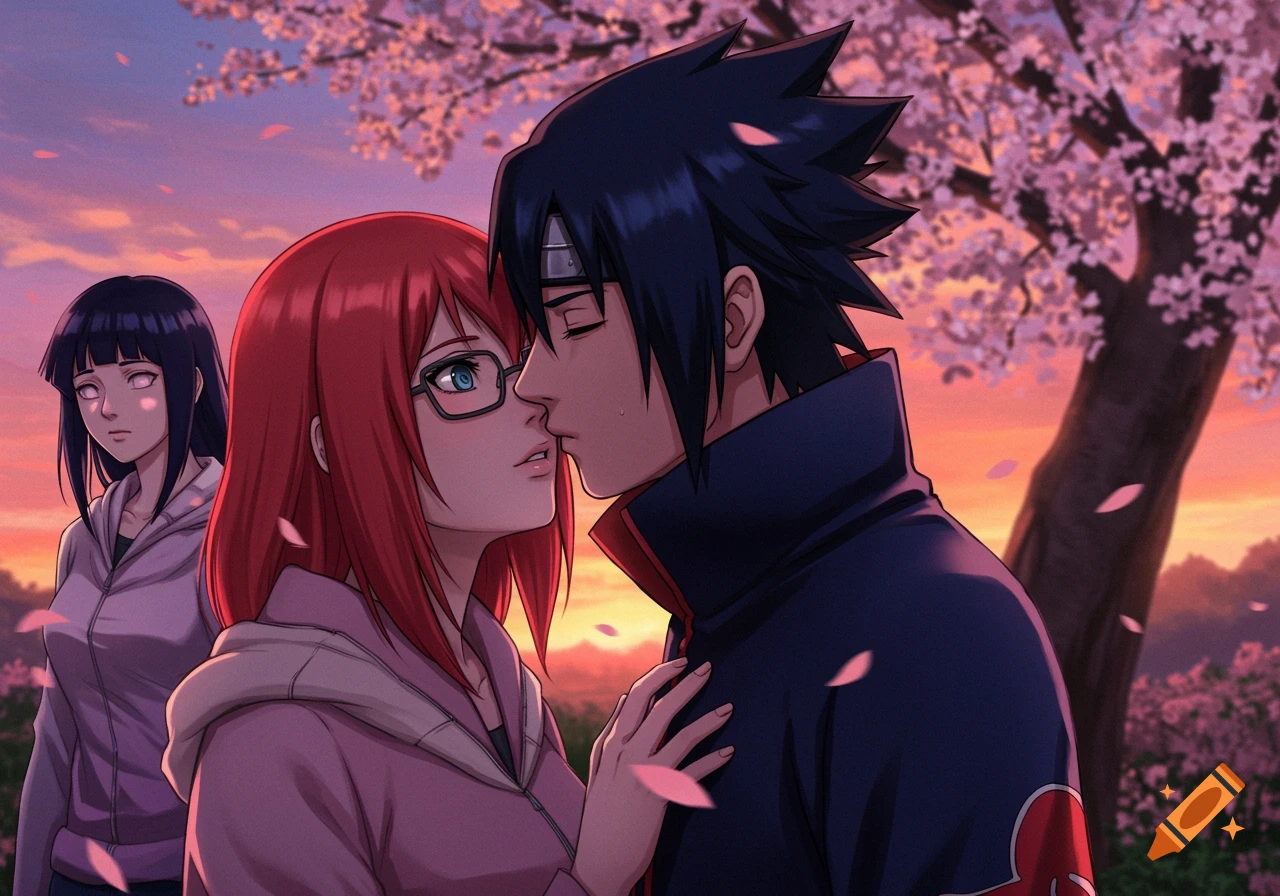 Anime illustration of Sasuke and Karin kissing under a cherry blossom tree at sunset, with Hinata standing sadly in the background.