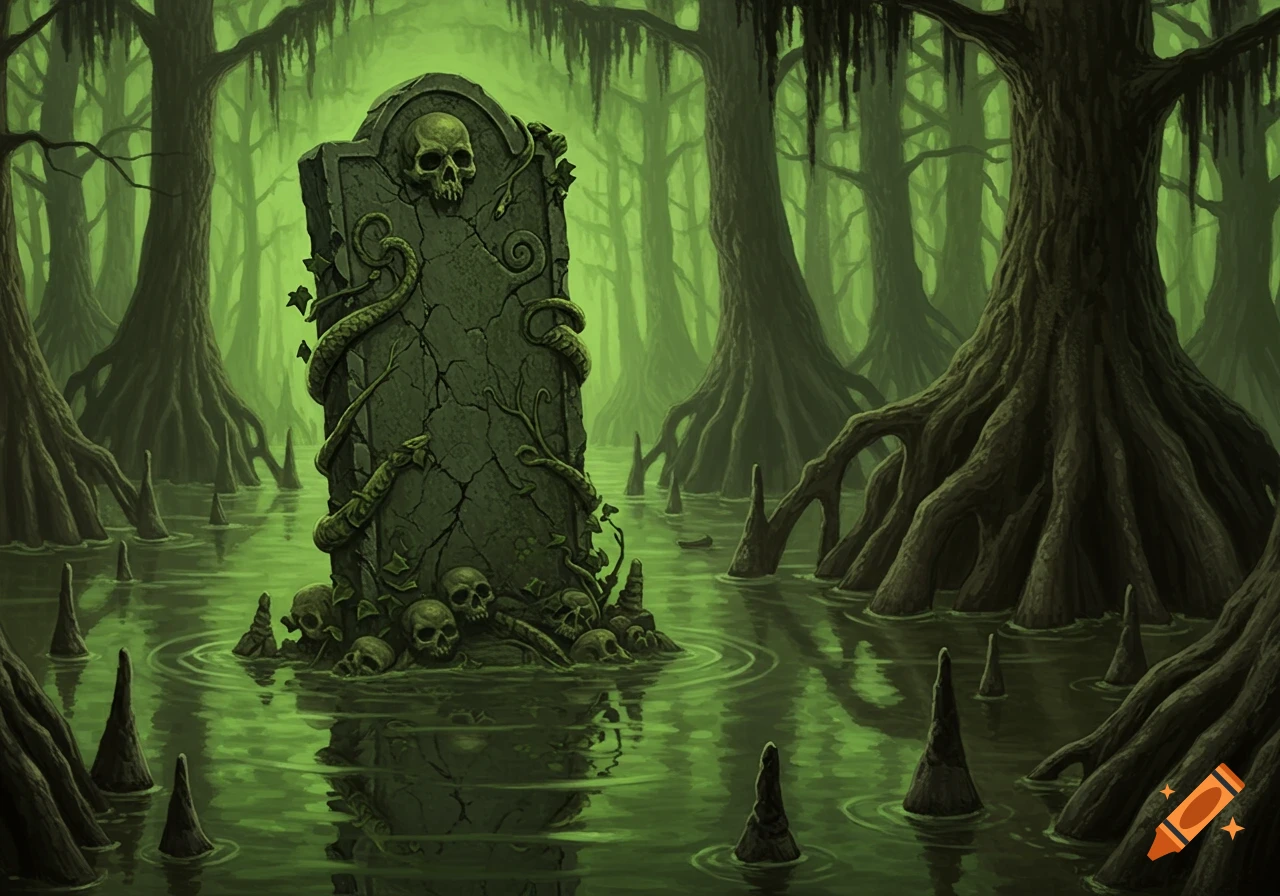 A mossy gravestone with skulls and snakes in a dark green swamp with large tree roots and murky water, in a stylized art style.