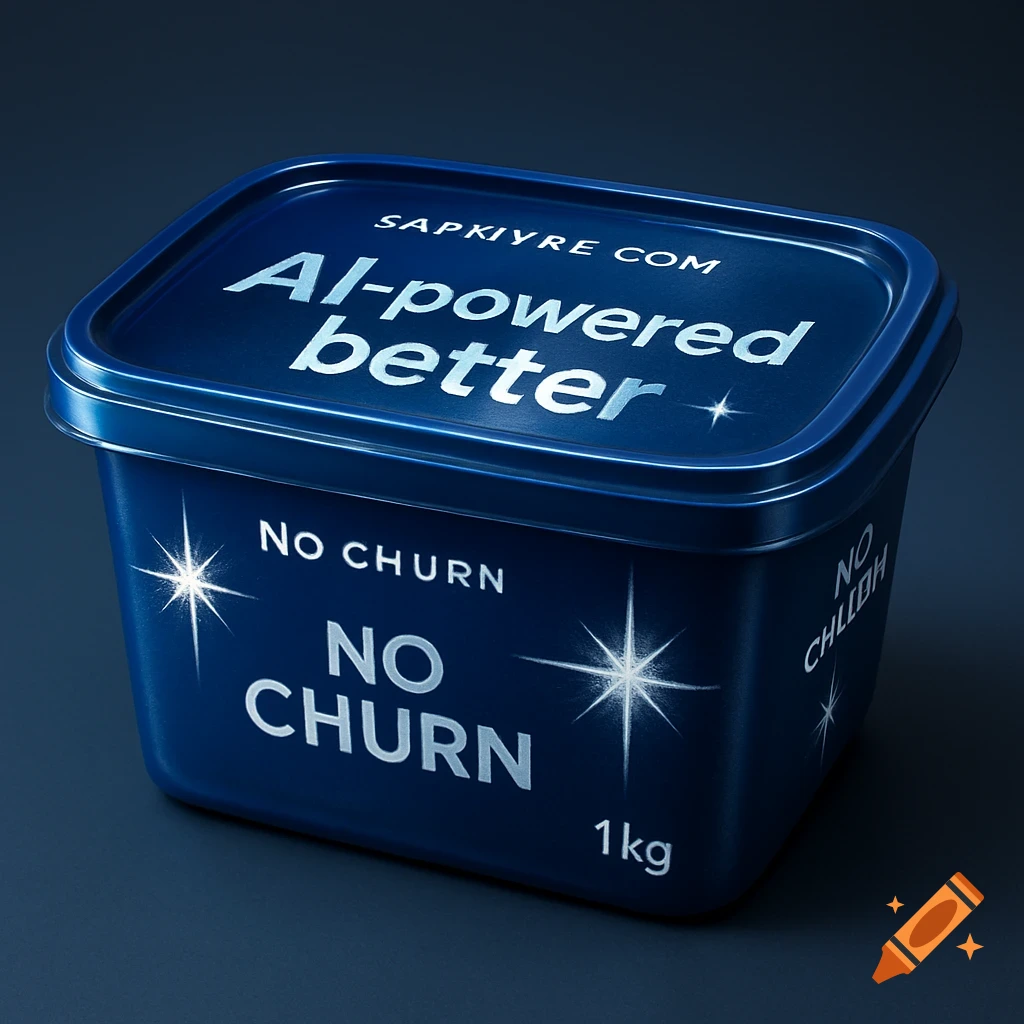 A photorealistic blue tub of AI-powered butter, labeled with 'AI-powered better', 'NO CHURN', and '1kg'. It has a reflective surface and starburst designs.