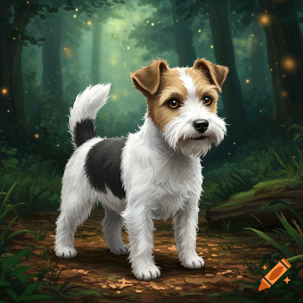 An illustrative fantasy image of a small white, tan, and black scruffy dog standing on a forest path with glowing particles in the background.