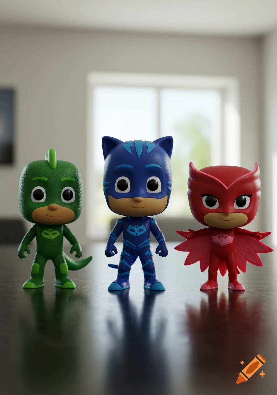 Three Funko Pop figures of PJ Masks characters Catboy, Gekko, and Owlette stand on a dark surface indoors.