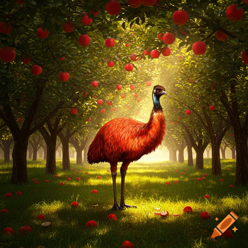 A vibrant red emu stands in a sunlit apple orchard with red apples on trees and scattered on the grass.