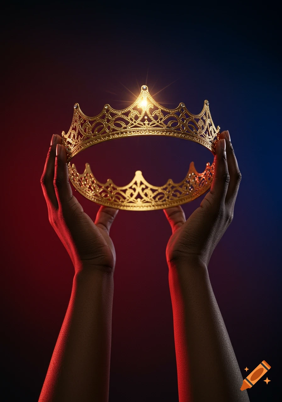 Hands hold a radiant golden crown with a glowing gem against a red and blue gradient background, in a dramatic, photorealistic style.