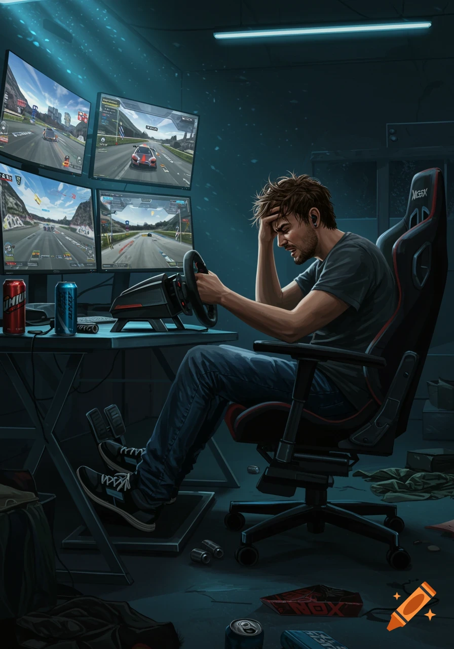A frustrated man plays a car racing game on a multi-monitor setup in a messy room. Digital art.