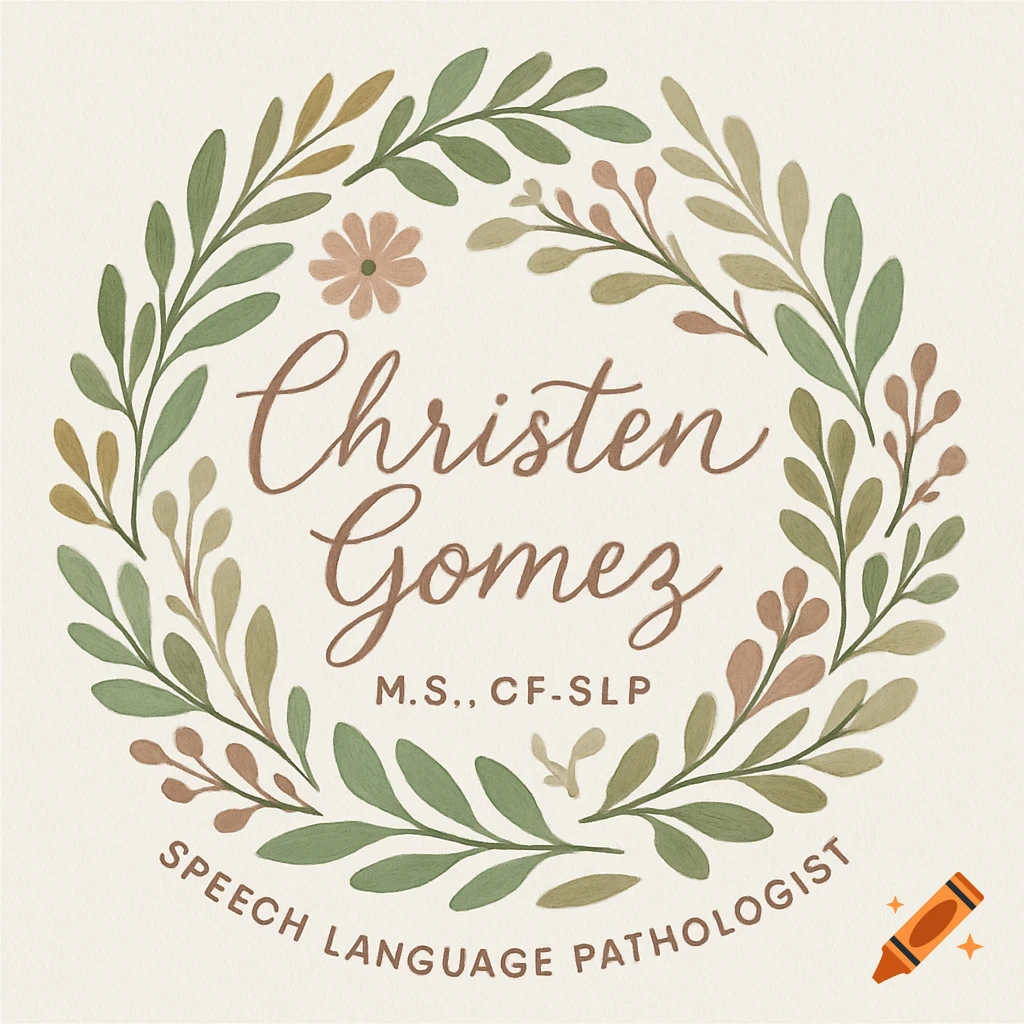 Boho-style logo with a floral wreath in earthy colors, framing the name Christen Gomez M.S., CF-SLP and 'Speech Language Pathologist'.