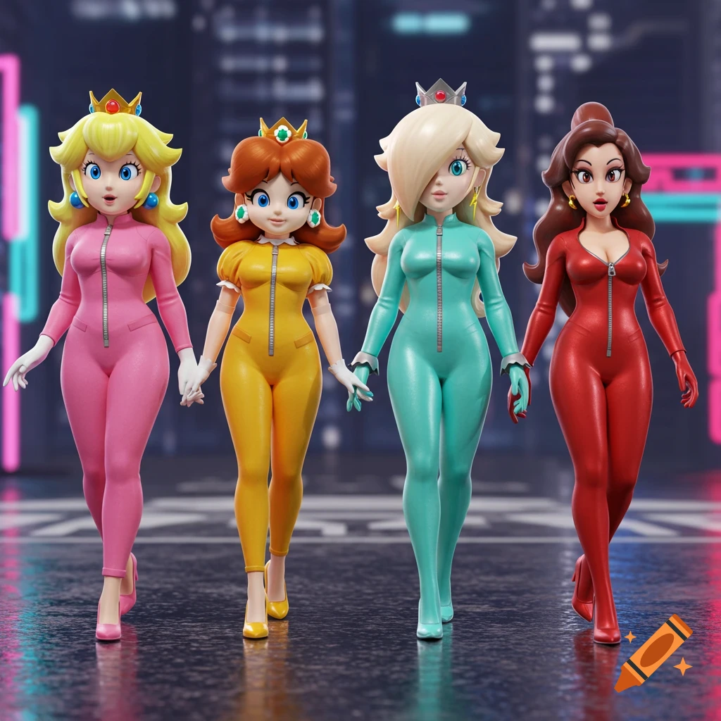 Four stylized female video game characters in colorful full bodysuits walk down a blurry city street at night.