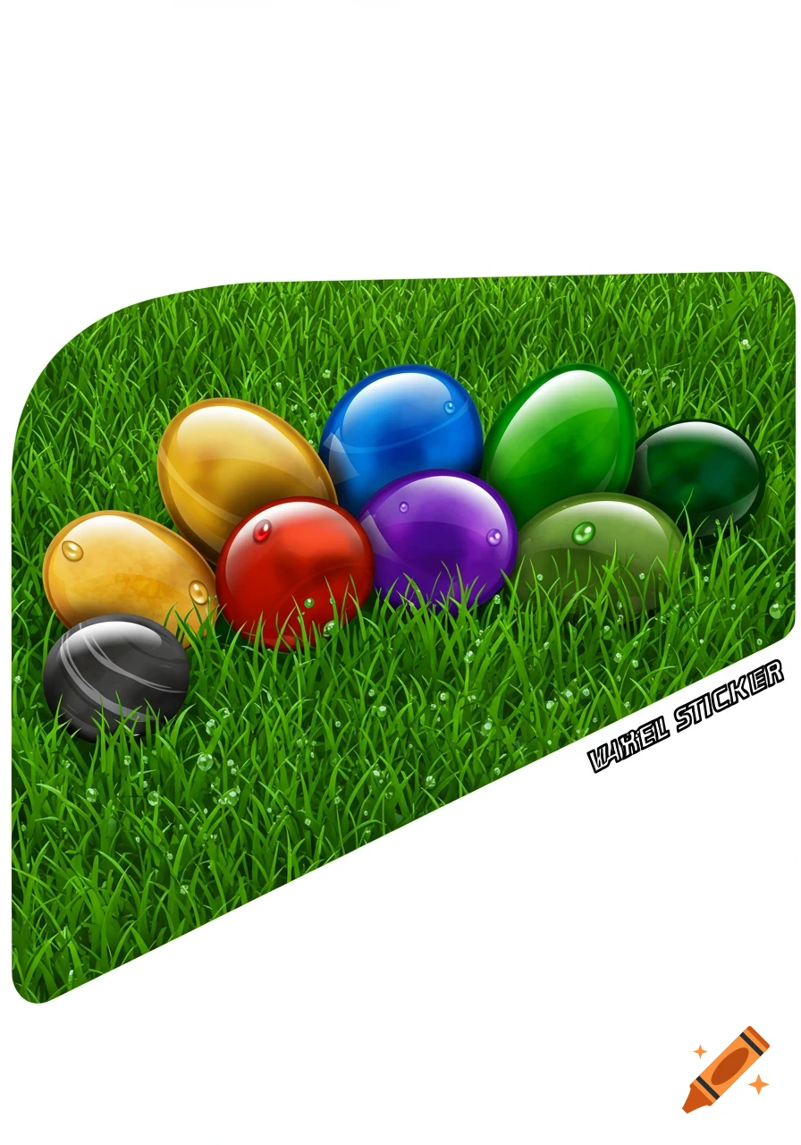 Glossy, colorful, egg-shaped stones nestled in green grass with water droplets, featuring 'VAKEL STICKER' text.