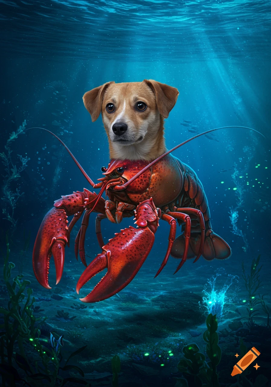 A photorealistic depiction of a dog's head on a lobster's body, swimming in clear blue ocean water with sun rays beaming down.