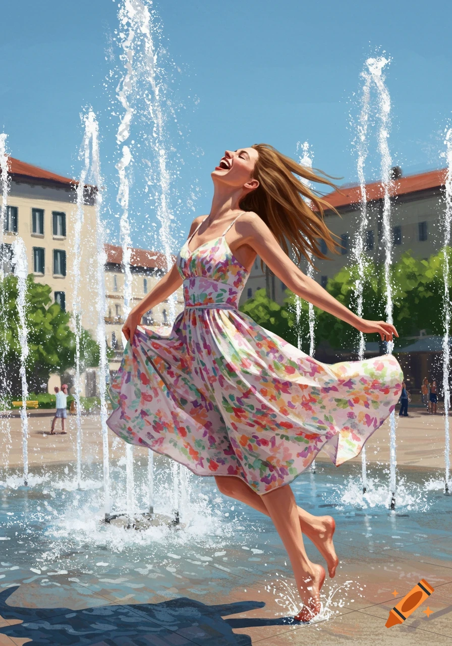 A joyful woman in a floral dress leaps barefoot amidst water jets in a sunny city square fountain.
