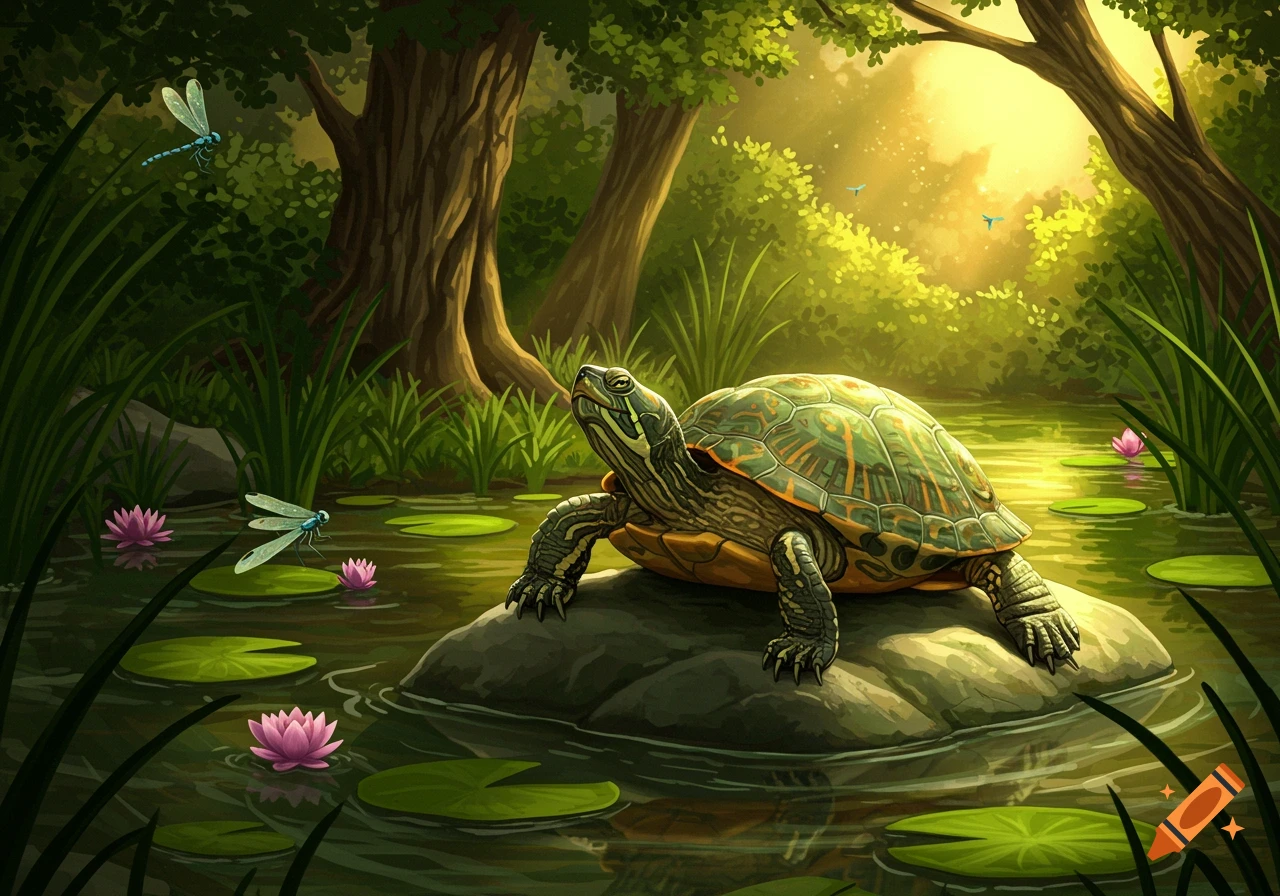 A turtle rests on a rock in a calm pond, surrounded by lily pads, pink water lilies, dragonflies, and lush green trees under a bright sky.
