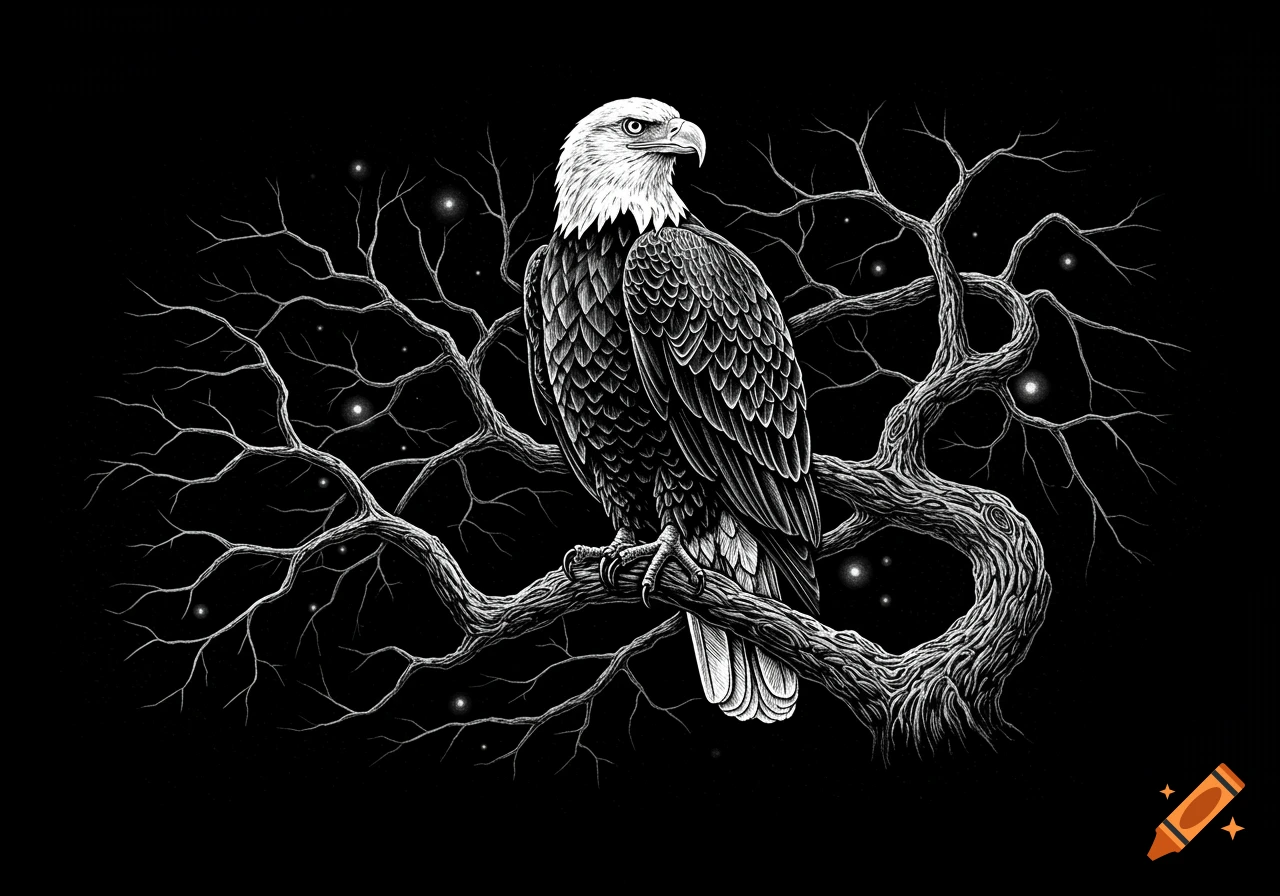 A detailed black and white drawing of a bald eagle perched on a bare, gnarled tree branch against a dark sky with sparse glowing points.