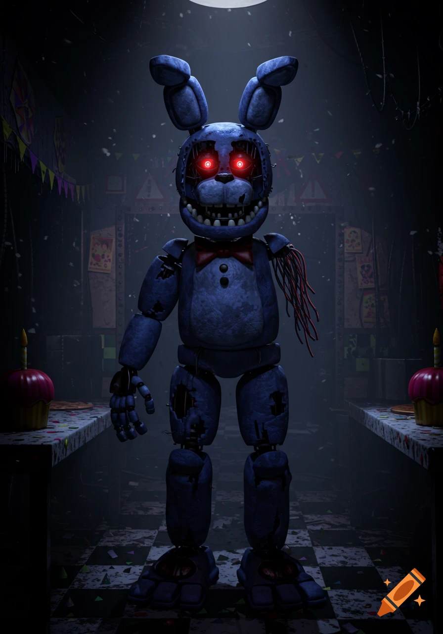 A creepy, dilapidated animatronic purple bunny with glowing red eyes stands in a dark, messy party room with confetti and cupcakes.