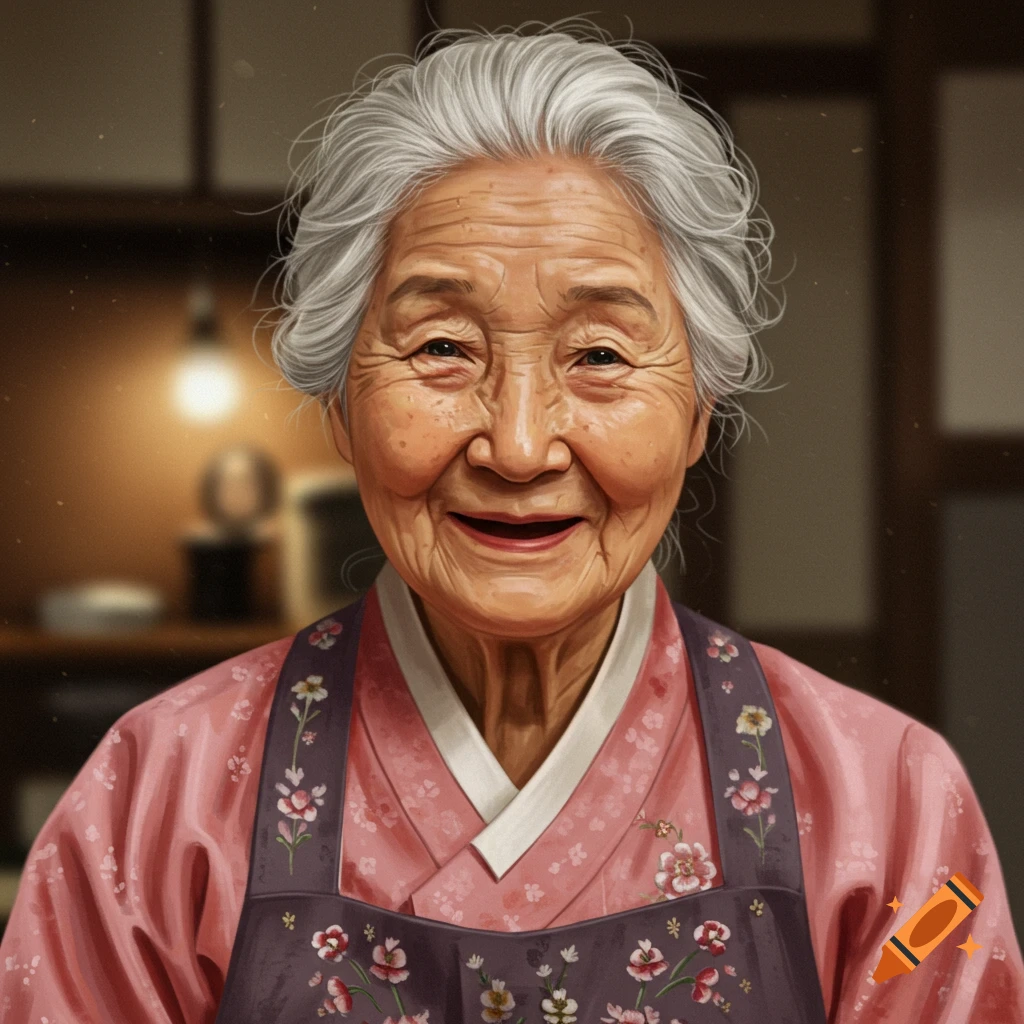 A smiling elderly Korean woman with white hair wearing a pink traditional top and a floral apron.