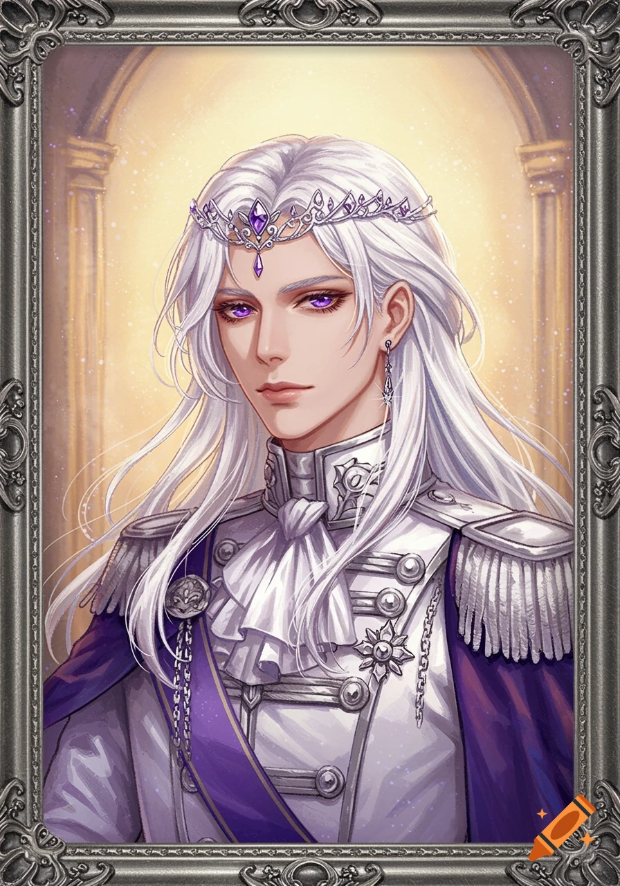 Anime portrait of a man with long white hair, purple eyes, wearing a white and purple military coat, and a silver tiara, in an ornate frame.