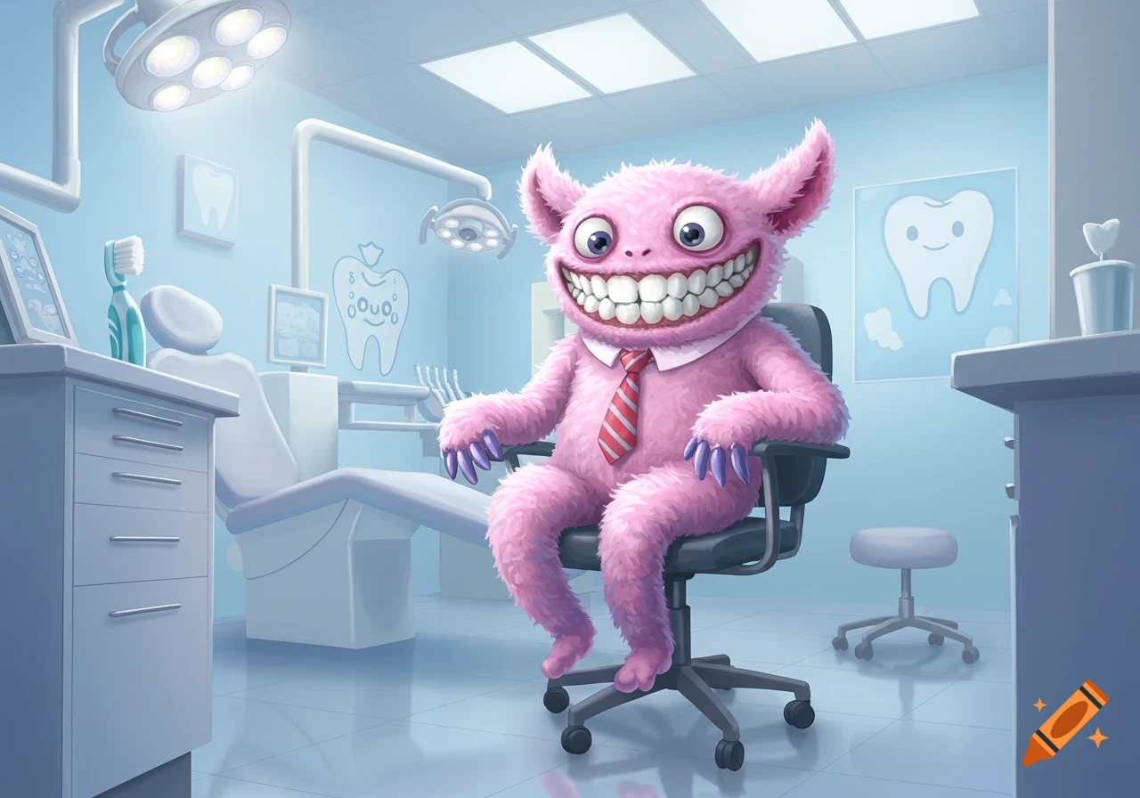 A cheerful pink furry monster with a wide toothy grin and a tie sits in a dental chair in a bright clinic.