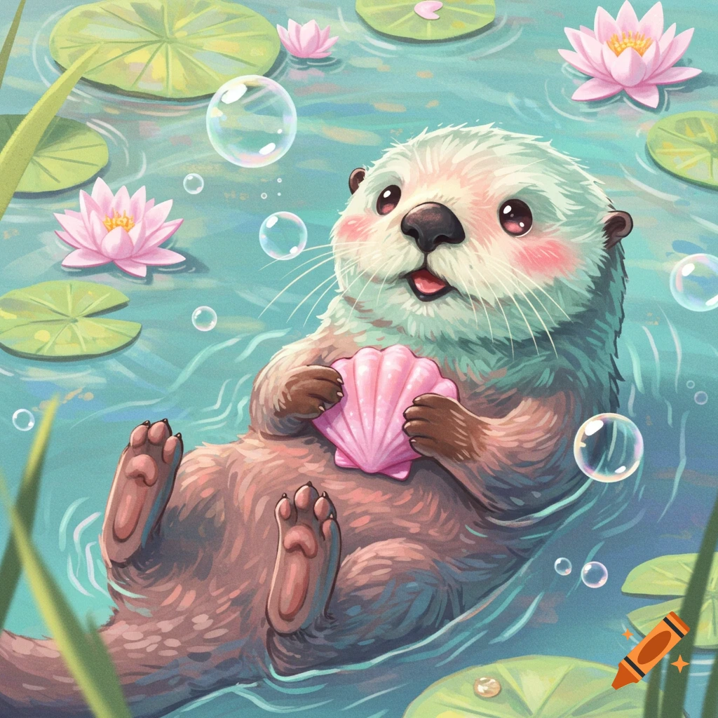 A cute, fluffy otter floats on its back in a pond with lily pads and bubbles, holding a pink seashell.