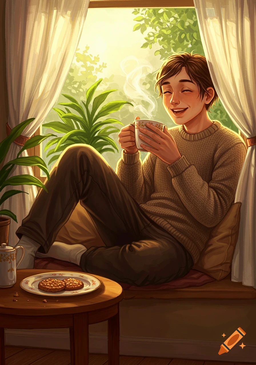 An illustrated person smiling while drinking tea by a sunlit window with plants.