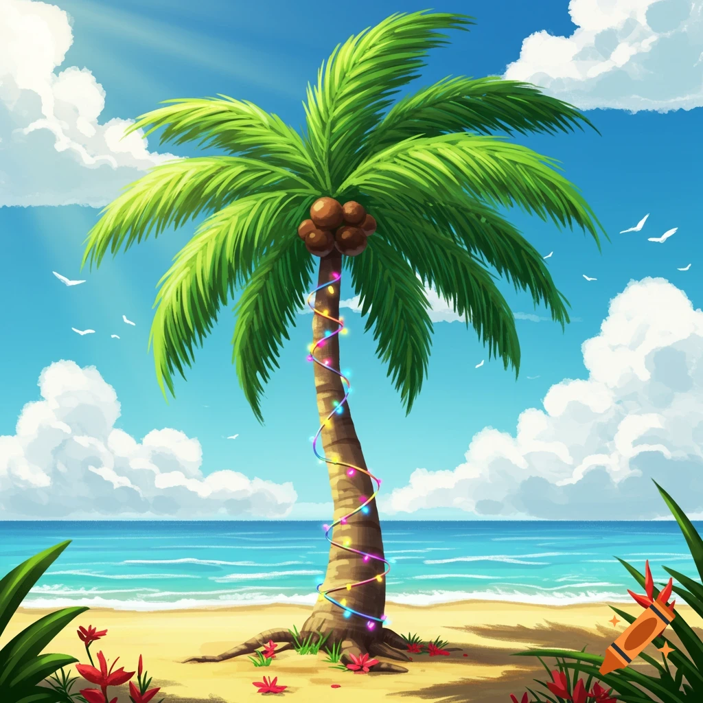 Vibrant illustration of a palm tree adorned with colorful lights on a sandy beach with blue ocean and sky.