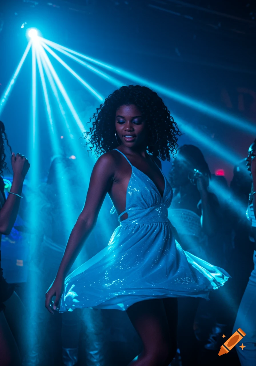 African American woman dancing in a blue sparkly dress at a club with bright blue lights.