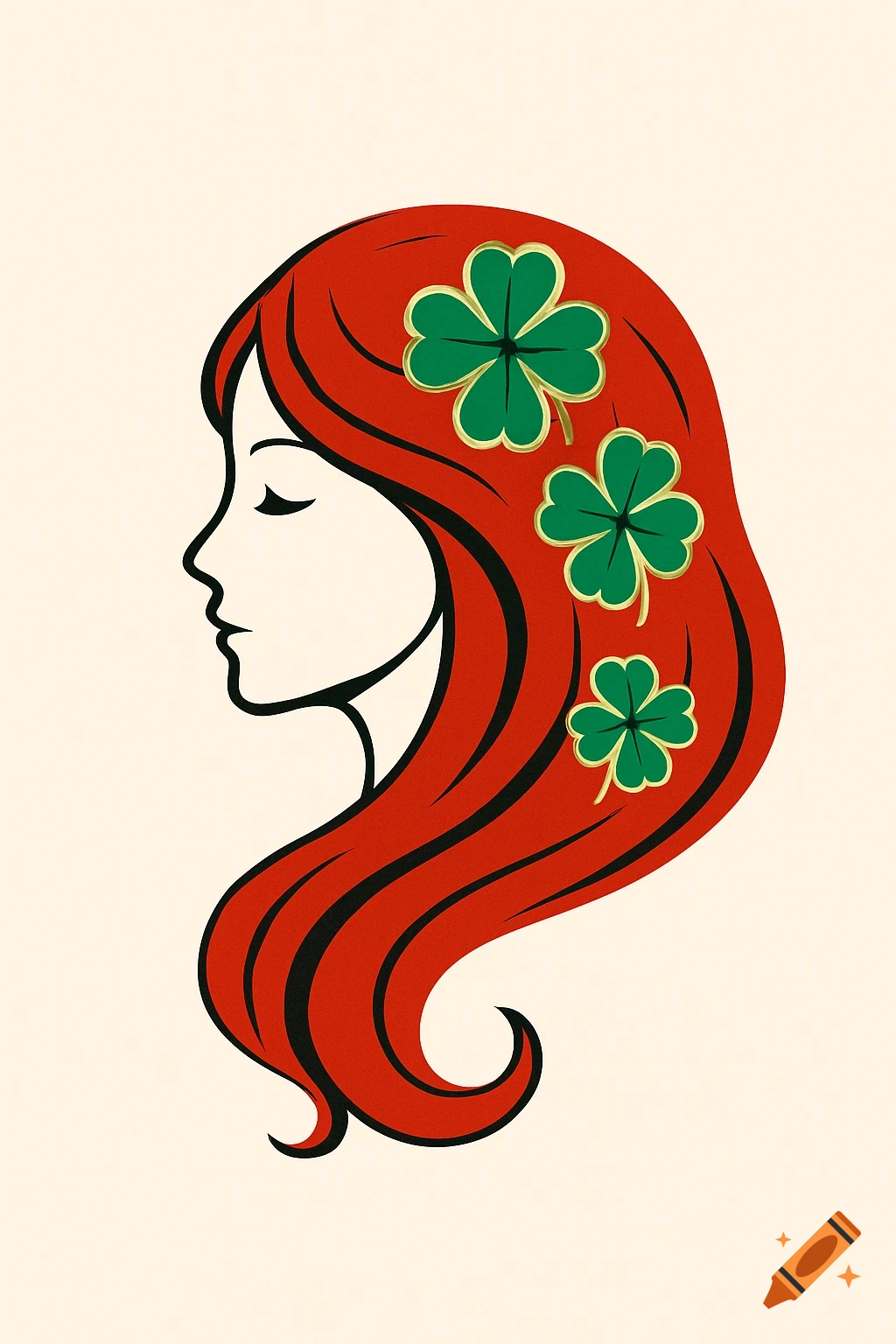 Stylized profile illustration of a woman with long red hair adorned with three green and gold clovers.