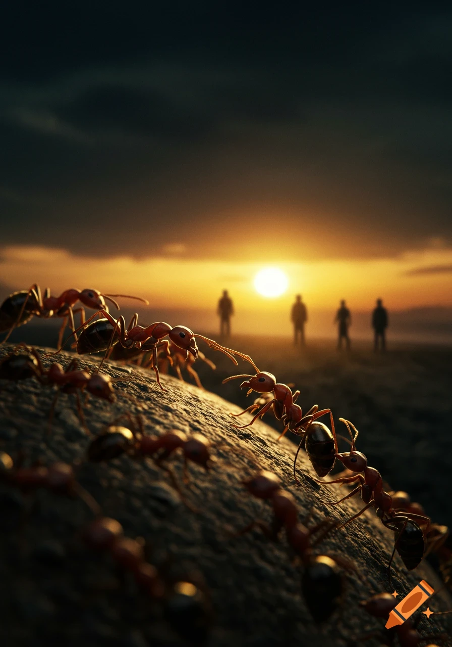 Close-up of ants on a rocky surface with blurred human silhouettes in the background against a bright sunset.