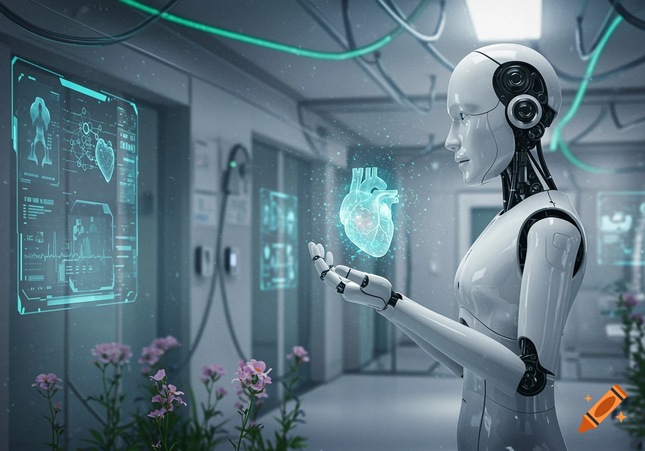 A white humanoid robot holds a glowing blue holographic heart in a futuristic medical lab with digital screens.