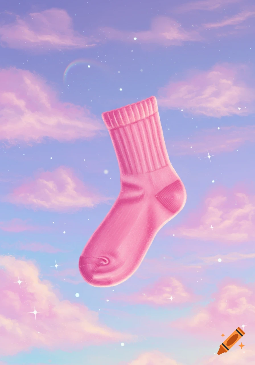 A single pink sock floats amidst pastel pink and blue clouds and stars in a whimsical, illustrative style.
