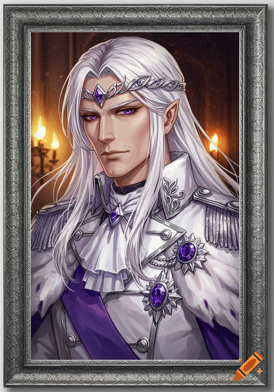 Portrait of an anime man with long white hair, purple eyes, wearing a white and purple military coat and silver tiara.