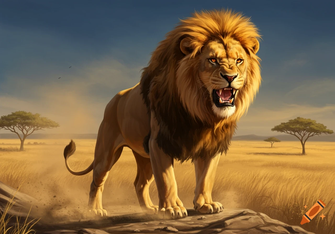 A majestic male lion roars aggressively while standing on a rock in a golden savanna landscape under a blue sky.